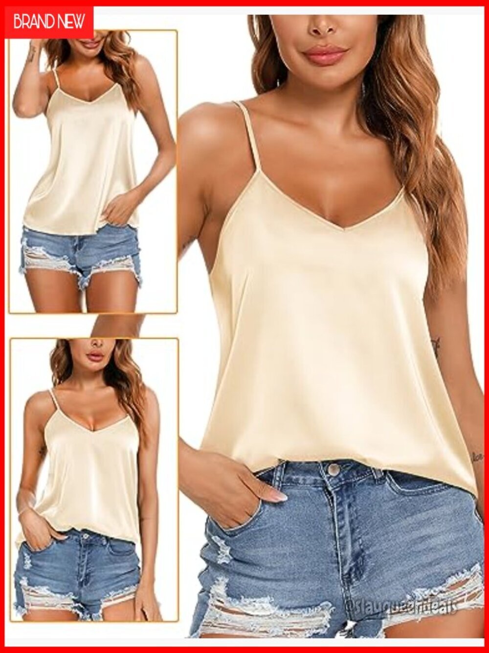 Satin V-Neck Camisole Tank Top with Adjustable Spaghetti Straps, 3-Pack - Picture 3 of 7
